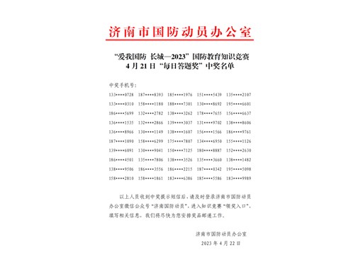 “爱我国防 长城—2023”国防教育知识竞赛4月21日“每日答题奖”中奖名单